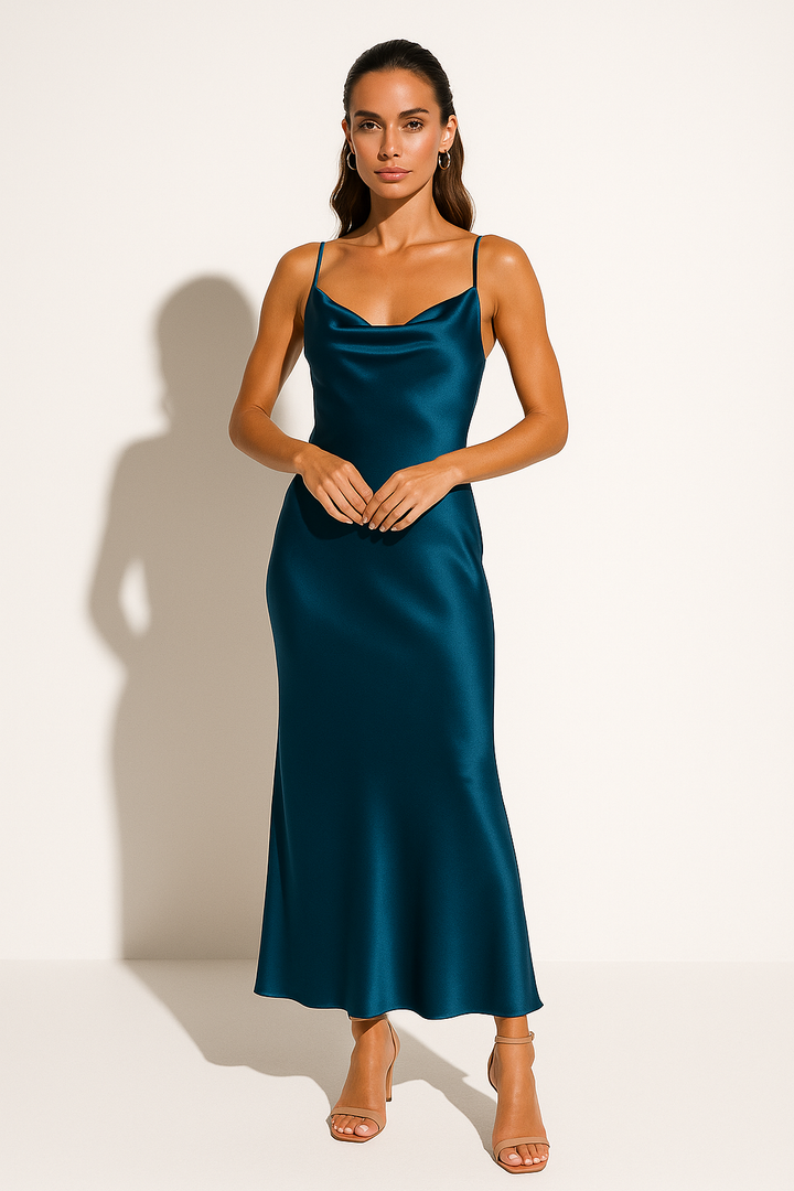 Women's formal midi dress with an exquisite draped cowl neck, offering a chic and elegant look.
