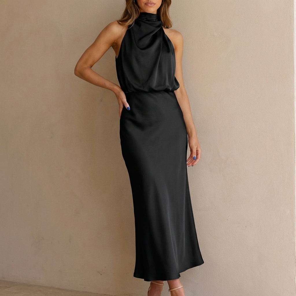 Stylish women's sleeveless midi dress featuring a draped halter neck & blouson waist for parties.