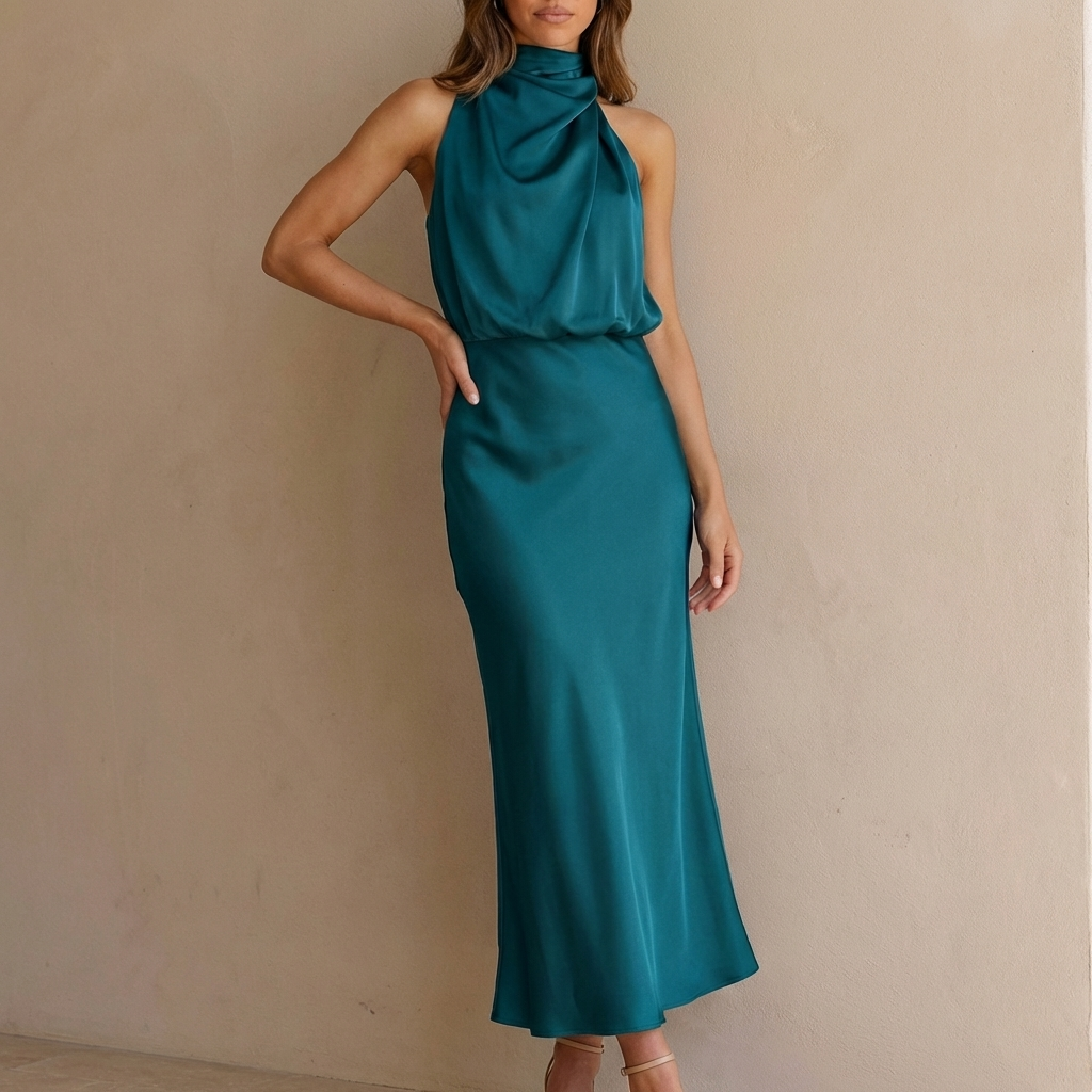 Formal women's cocktail dress: a chic draped halter neck midi, ideal for elegant evening events.