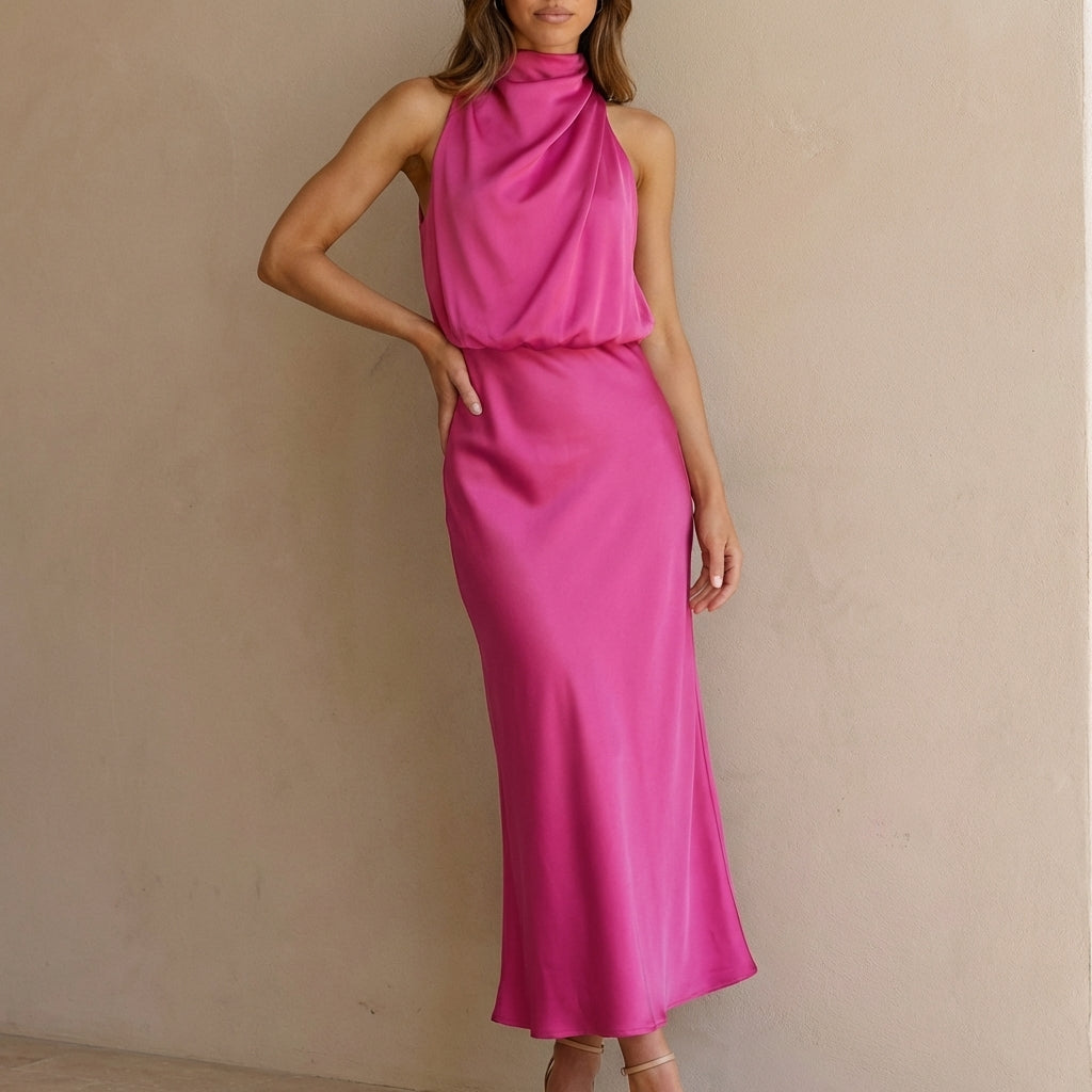 Chic women's midi dress with a draped halter neckline & blouson waist. Ideal for cocktail parties.