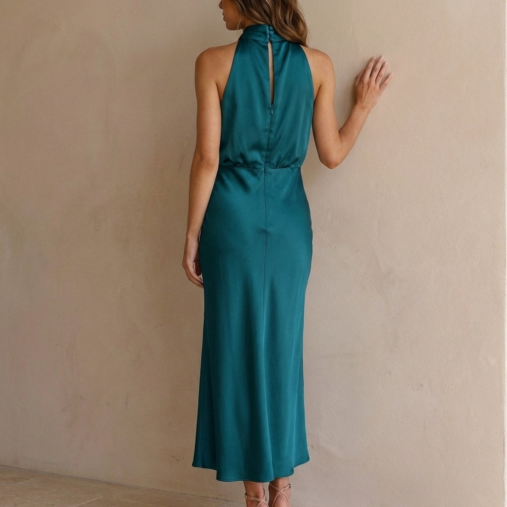 Formal women's evening dress: a draped halter neck midi, elegant and perfect for special occasions.