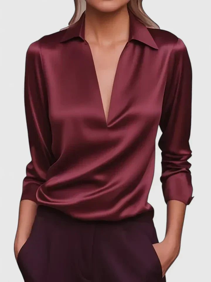 Elegant women's draped V-neck long sleeve blouse, perfect for dressy office outfits or chic evening wear.