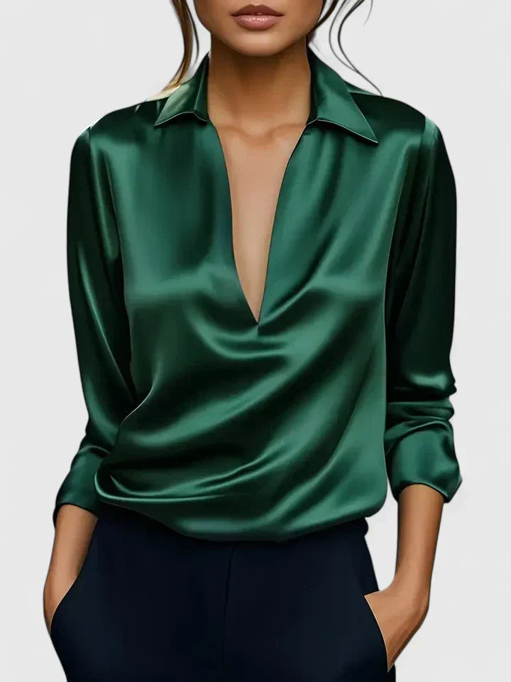 Draped V-neck women's long sleeve top, elegant and versatile for both office and evening events.