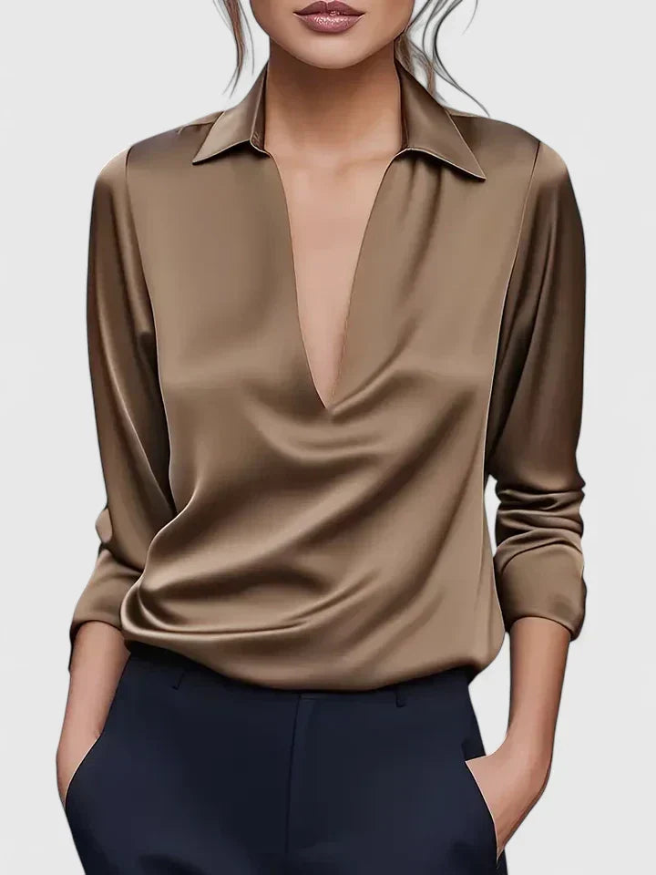Stylish women's draped V-neck long sleeve blouse with a relaxed fit, a versatile top for any fashion look.