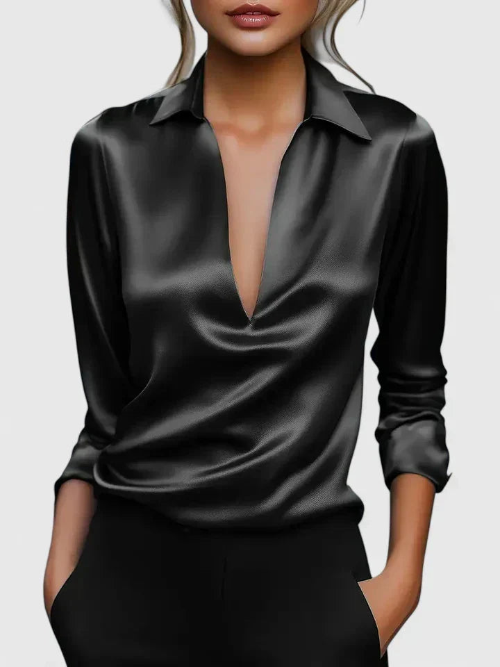 Women's elegant draped V-neck long sleeve blouse. Versatile relaxed fit top for office, evening, or casual chic.