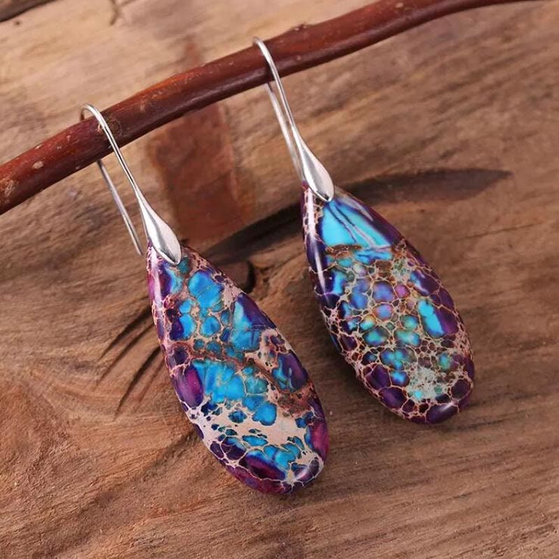 Elegant natural emperor stone drop earrings for women; silver plated gemstone jewelry.