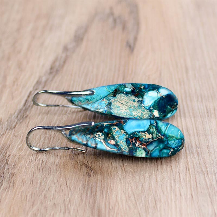 Women's silver plated drop earrings, featuring unique emperor natural stone gemstone.
