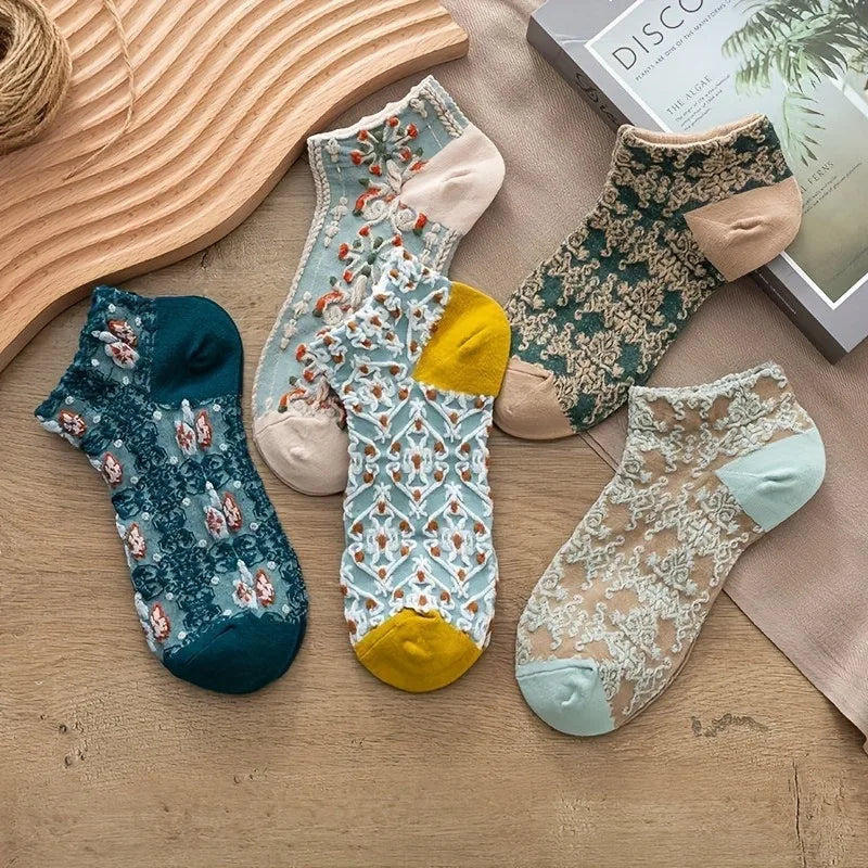 Fashionable women's ankle & mid-calf socks with elegant embroidery. Comfortable and versatile stylish footwear.