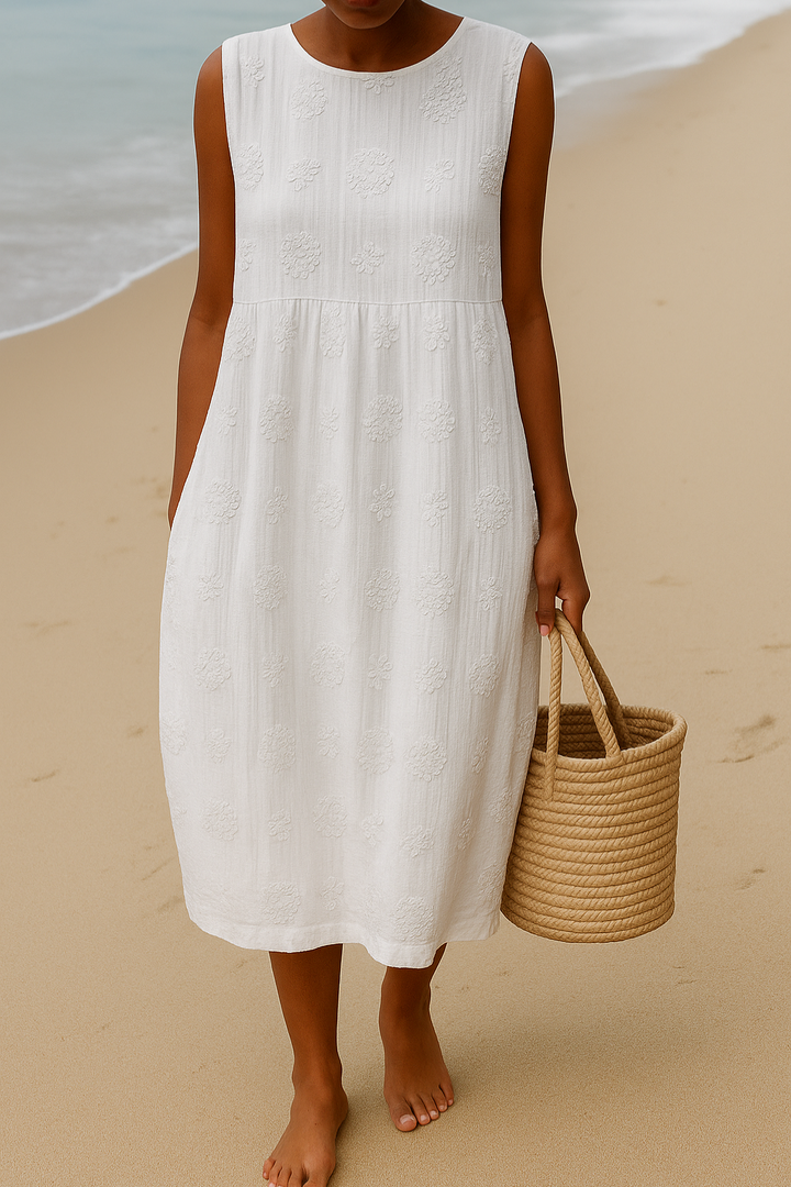 Embroidered sleeveless midi dress for women, offering effortless style for casual, everyday, or elegant occasions.