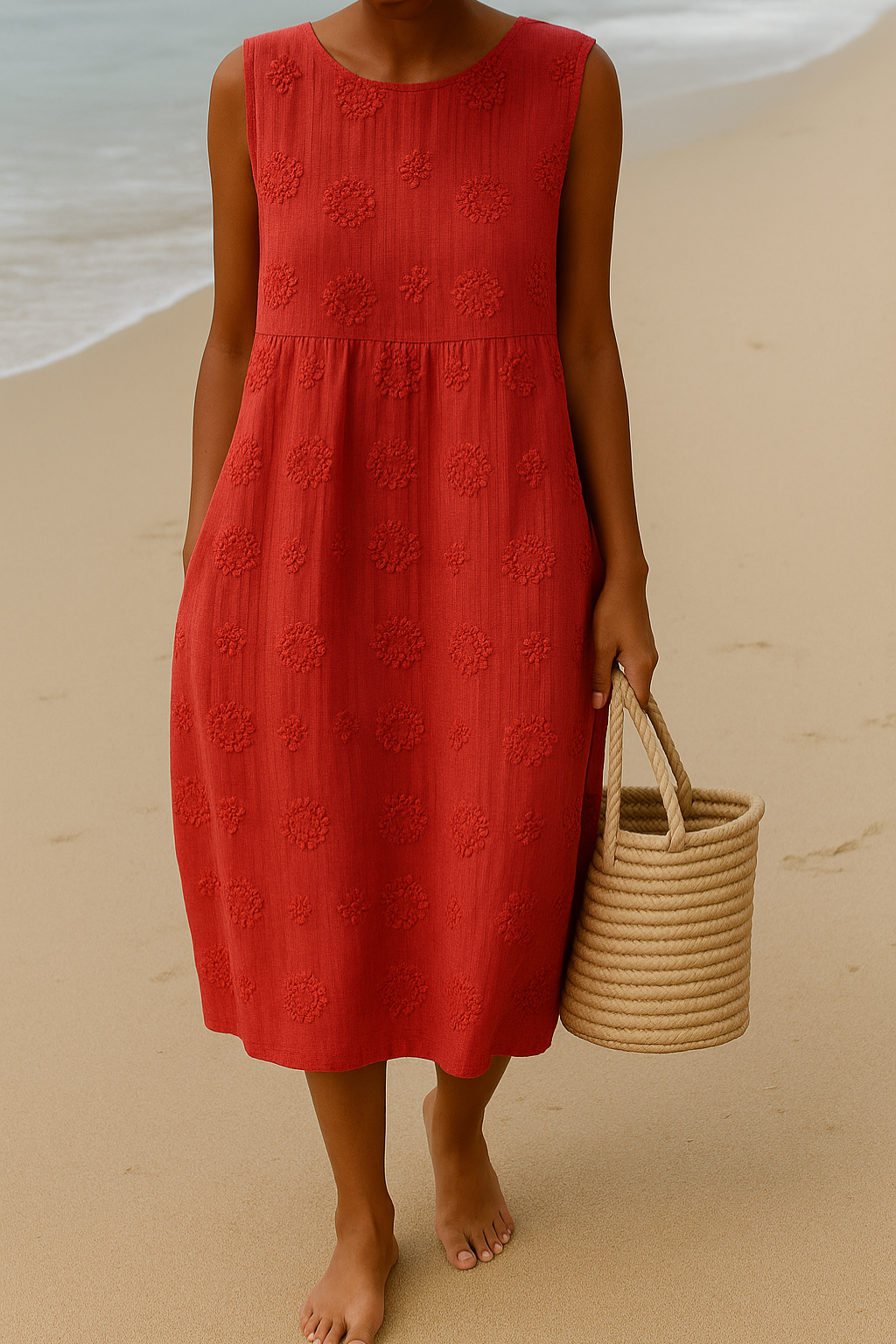 Stylish women's embroidered midi day dress, sleeveless, perfect for a comfortable and elegant summer look.