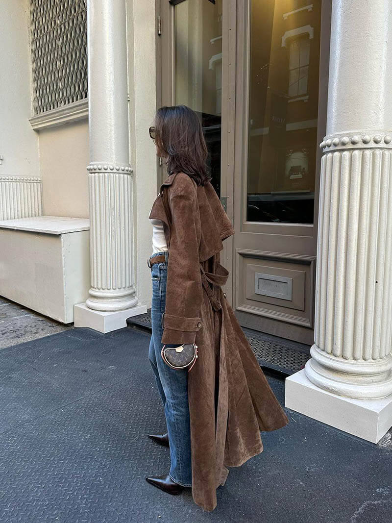 Elegant women's faux suede coat, Sorina style, warm outerwear for fall and winter fashion.