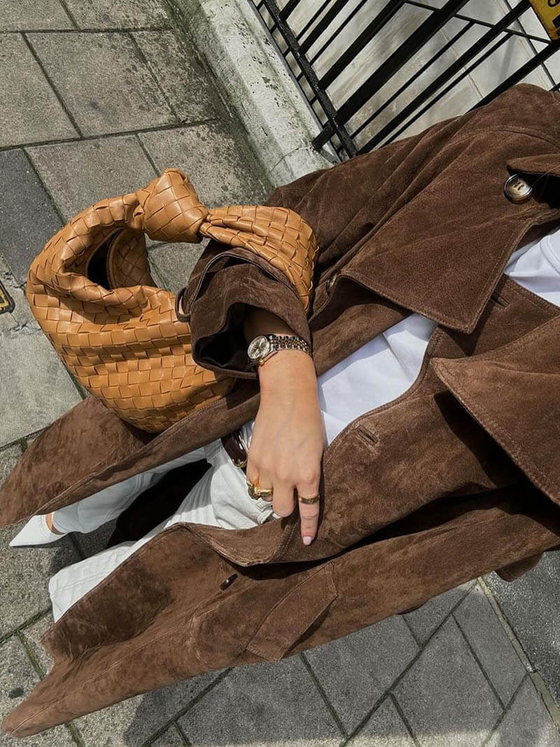 Elegant women's faux suede jacket, warm for cold weather, chic fall & winter fashion.