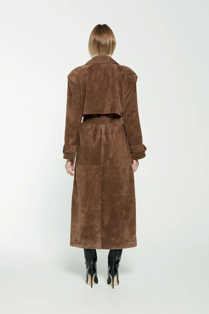 Versatile women's warm faux suede coat, elegant design for winter and fall outerwear.
