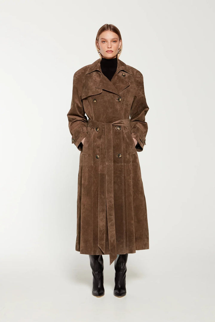 Chic women's Sorina winter jacket, faux suede, elegant & warm for cold weather.