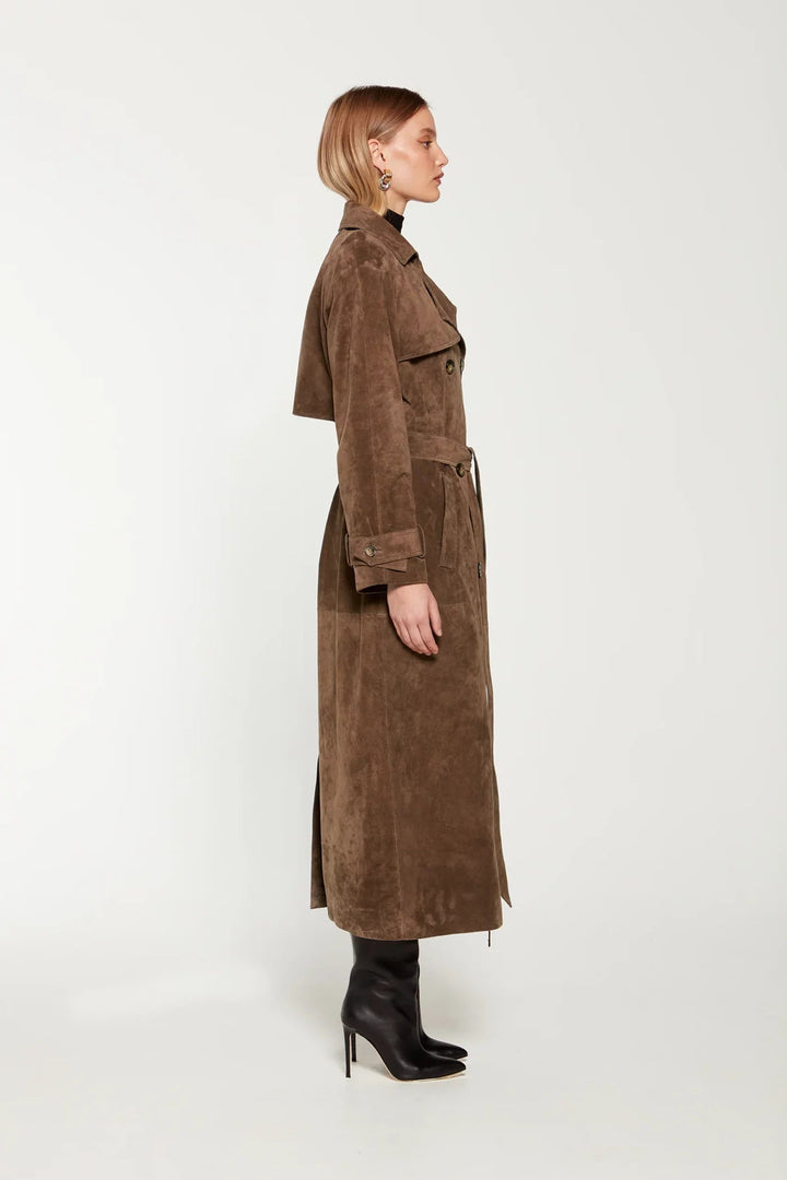 Women's elegant faux suede winter coat, versatile neutral shade, warm for cold weather.