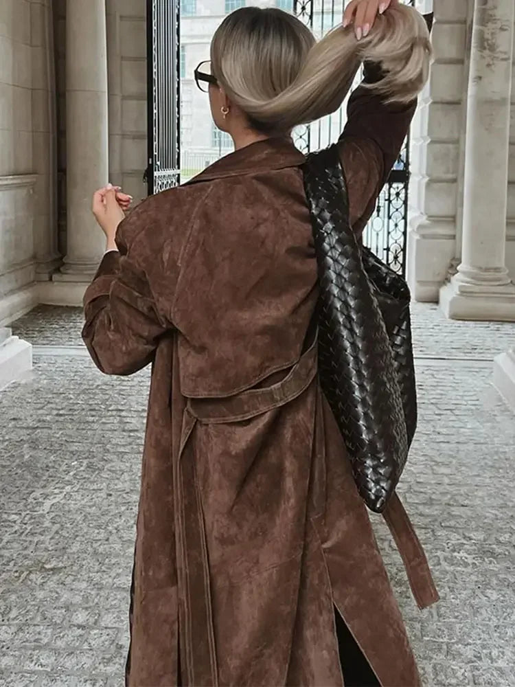 Faux suede women's coat, Sorina design, warm and chic for elegant fall and winter fashion.