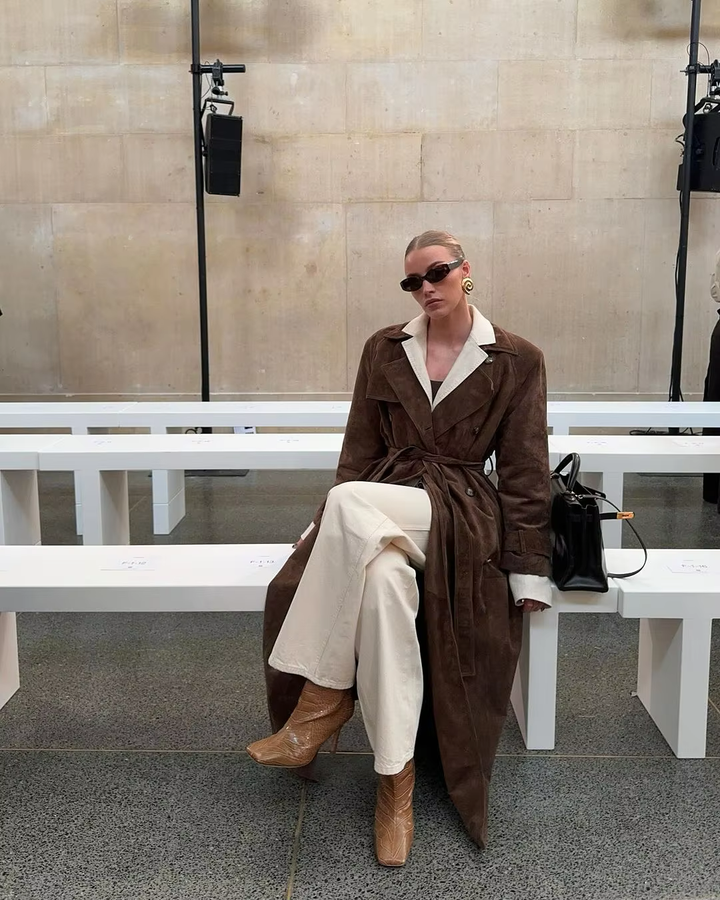 Neutral toned elegant women's faux suede winter jacket, versatile cold weather outerwear.