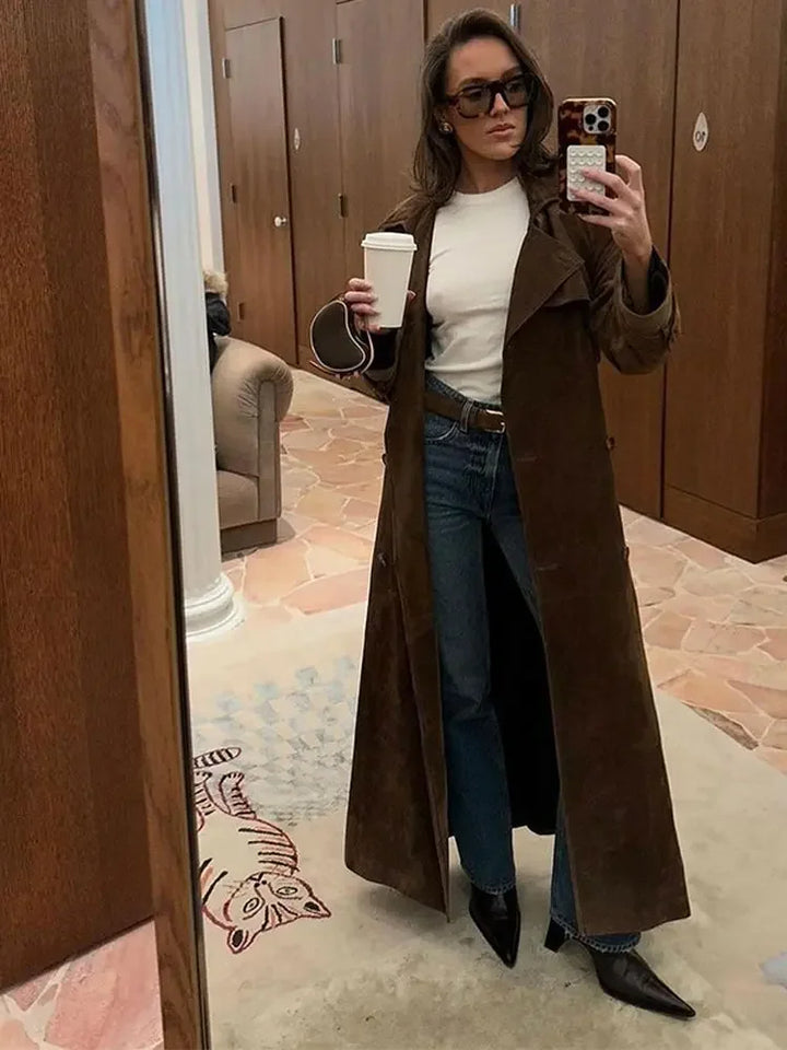 Warm & elegant women's faux suede winter coat, perfect for chic fall fashion.