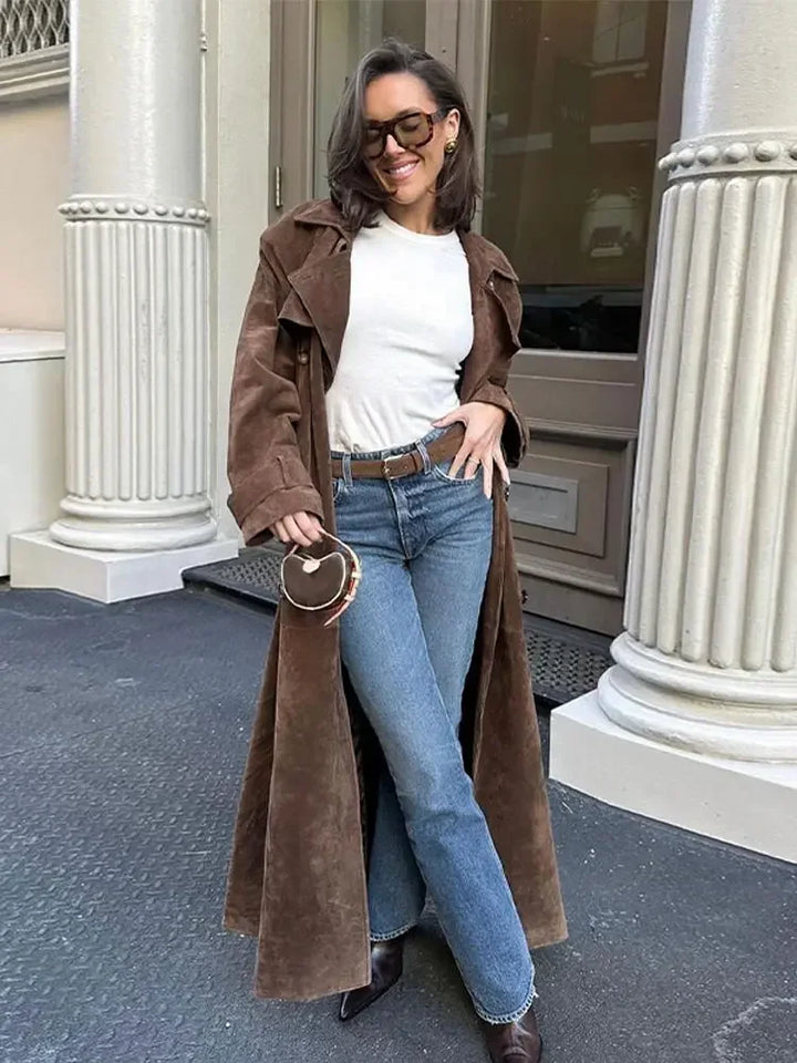 Sorina faux suede jacket for women, versatile, warm outerwear for elegant winter style.