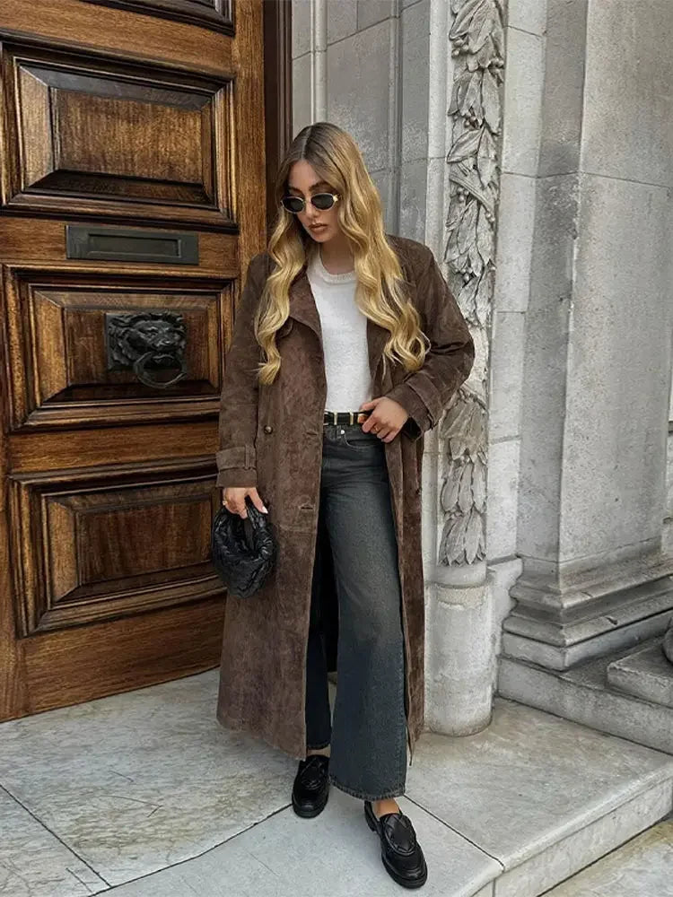 Chic women's winter jacket, elegant faux suede, warm and versatile for cold weather.