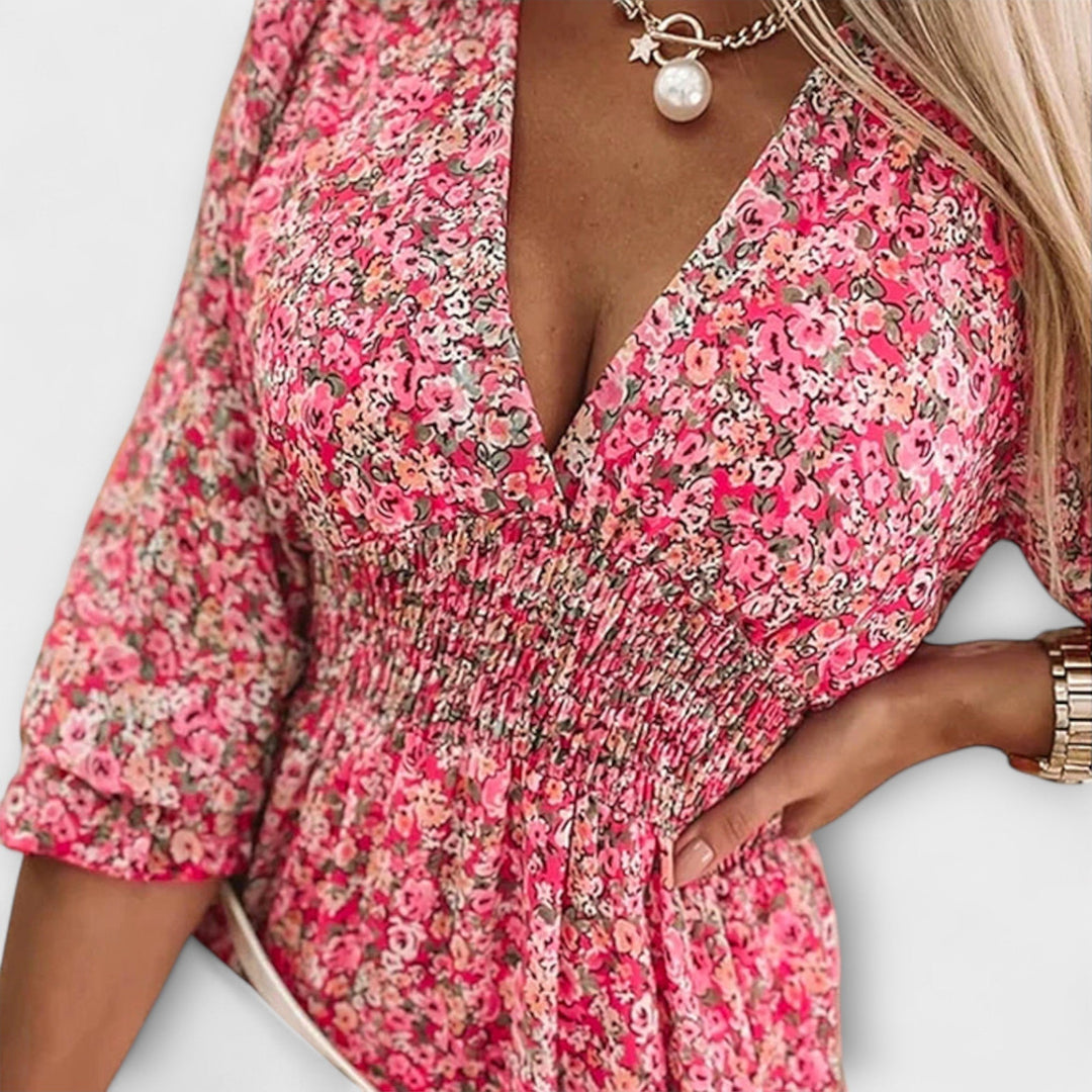 Summer women's floral A-line dress, elegant puff sleeves, perfect for garden parties or brunch.