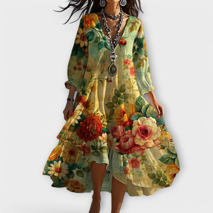 Women's elegant floral boho maxi dress with V-neck, long sleeves, and flowy style, perfect for summer vacation.