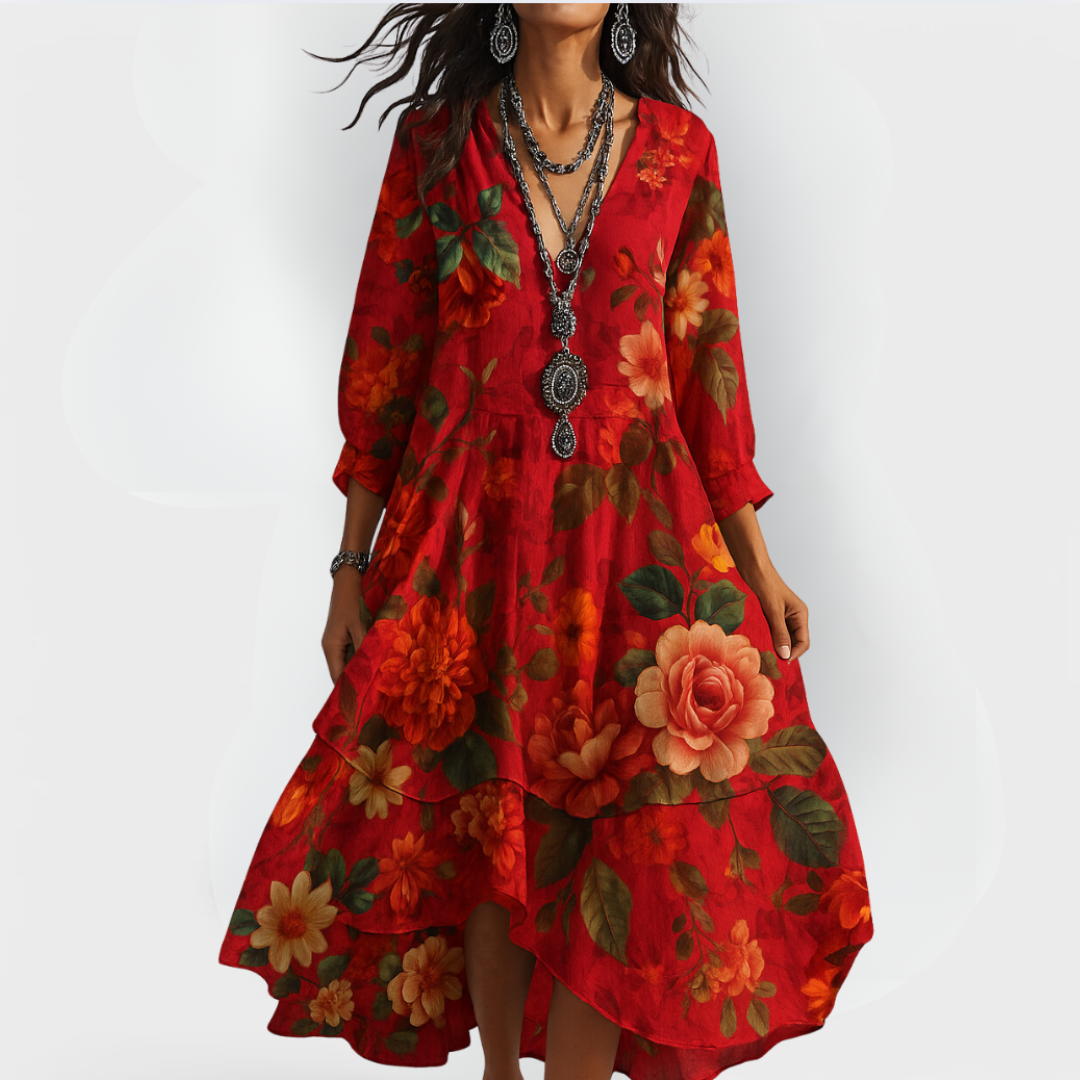 Bohemian floral maxi dress for women, featuring a flattering V-neck and flowy design, ideal for beach or resort wear.
