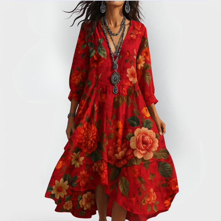 Bohemian floral maxi dress for women, featuring a flattering V-neck and flowy design, ideal for beach or resort wear.