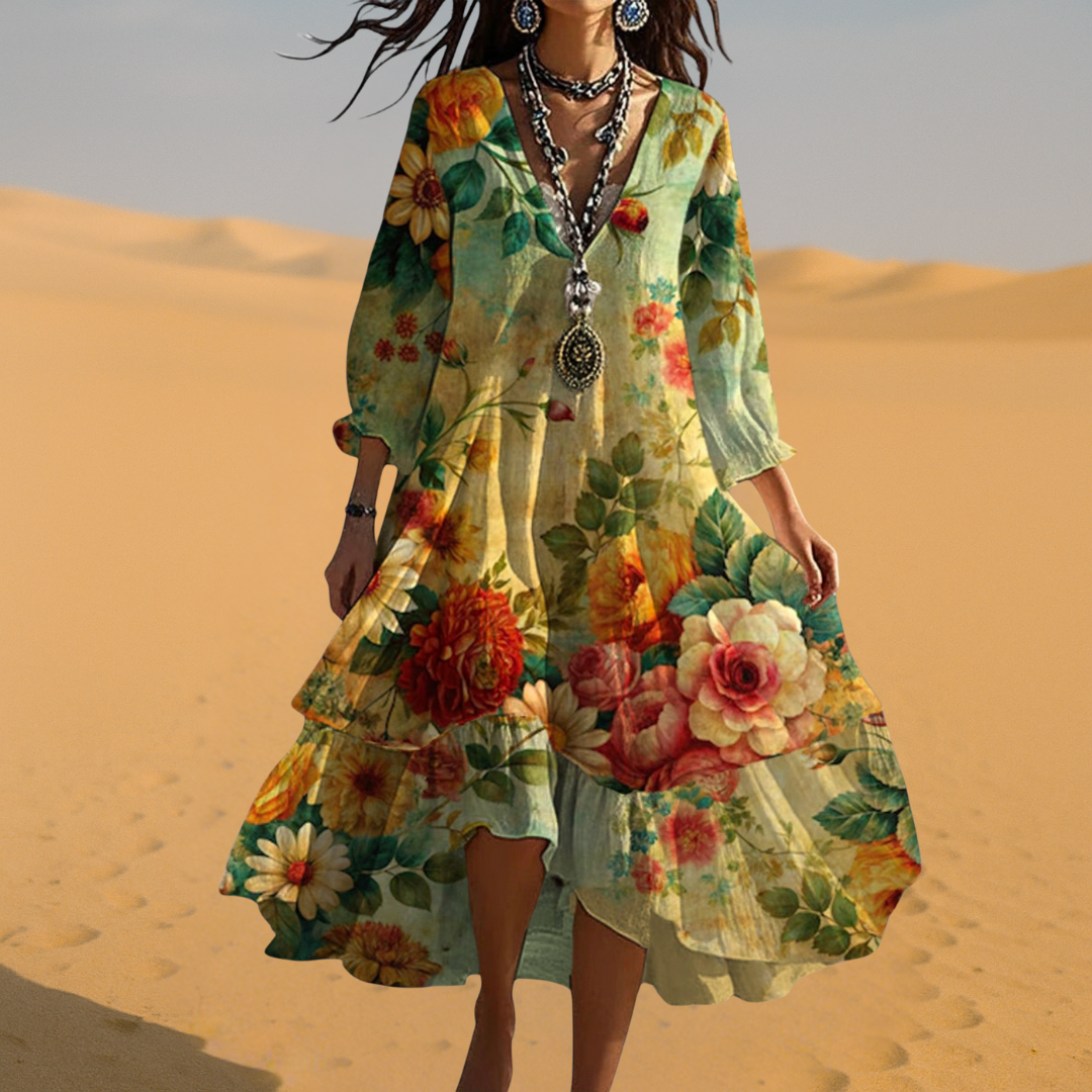 Casual women's floral maxi dress with a V-neck and long, flowy sleeves, offering comfortable and elegant bohemian style.