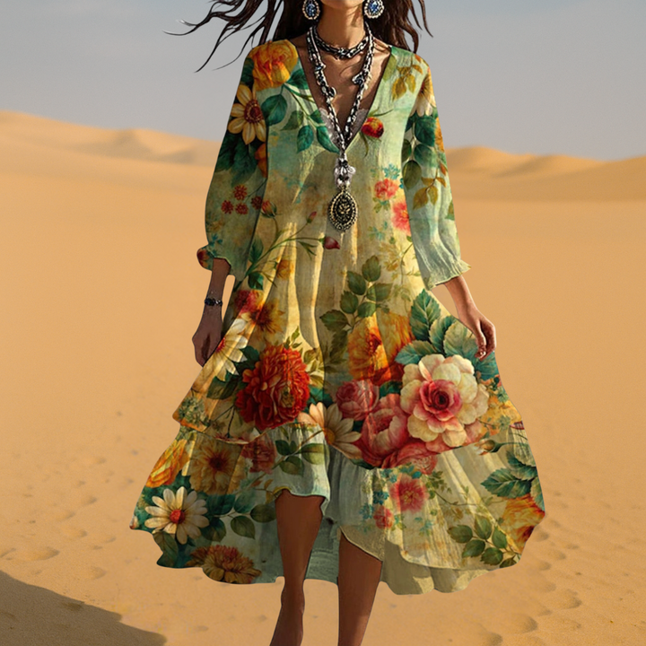 Casual women's floral maxi dress with a V-neck and long, flowy sleeves, offering comfortable and elegant bohemian style.