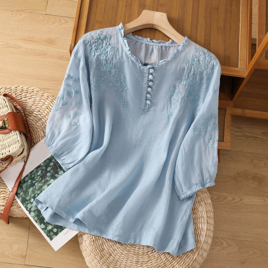 Women's elegant floral button-front blouse, long sleeve. Perfect for spring & summer fashion.