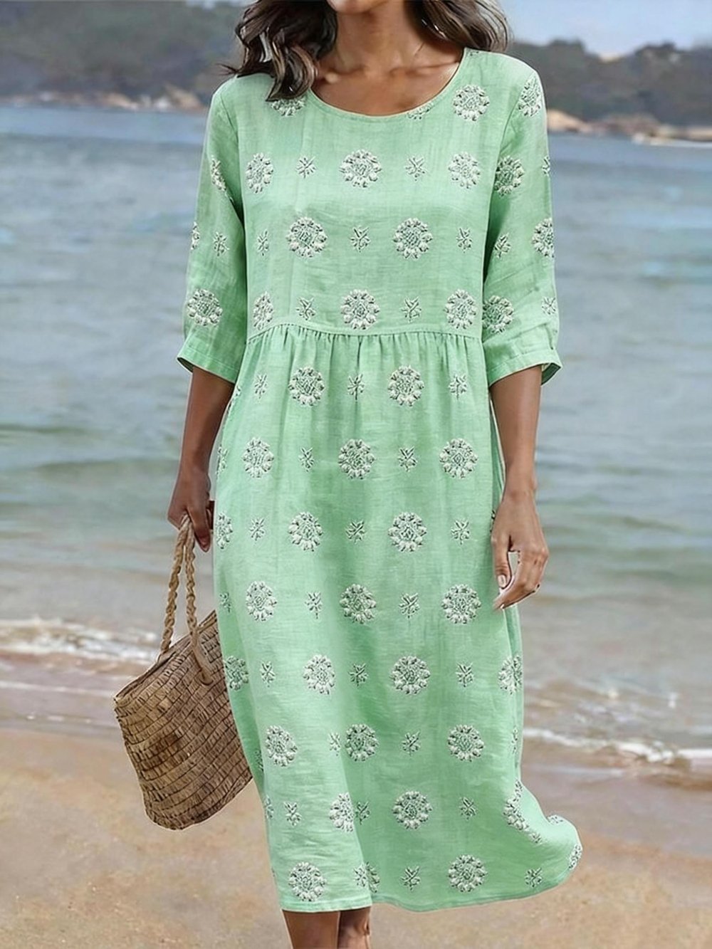 Beautiful women's floral embroidered midi dress, showcasing delicate stitch work and a flowy design, great for casual wear.
