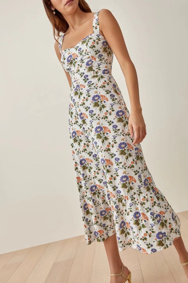Chic women's summer midi dress featuring a vibrant floral pattern and flowy flared skirt.