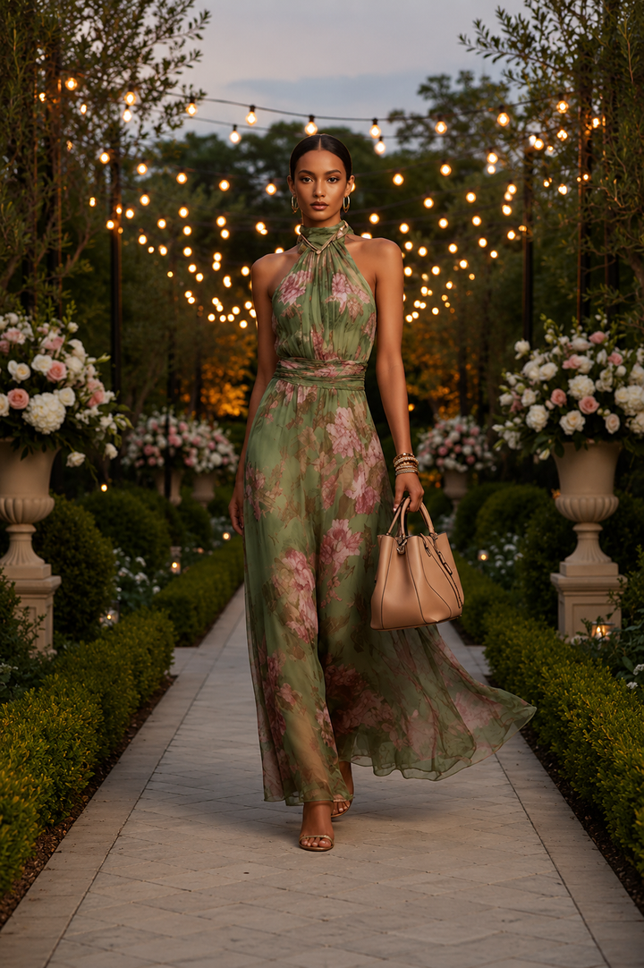 Women's elegant floral halter maxi dress, perfect for summer parties, beach vacations, or casual wear.