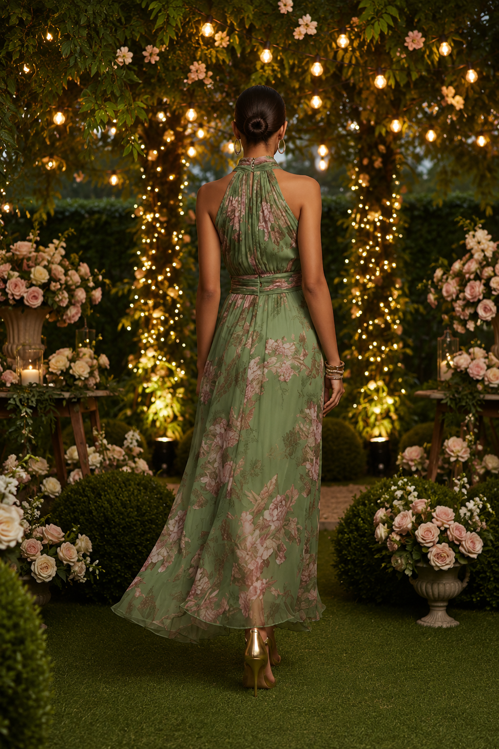 Stylish women's floral halter maxi dress for summer fashion, ideal for elegant parties, beach days, or vacation.