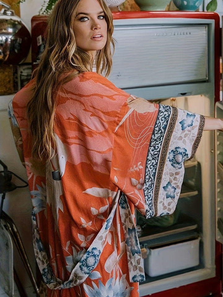 Stylish floral open-front kimono for women, ideal elegant resortwear, beachwear, or vacation outfit.