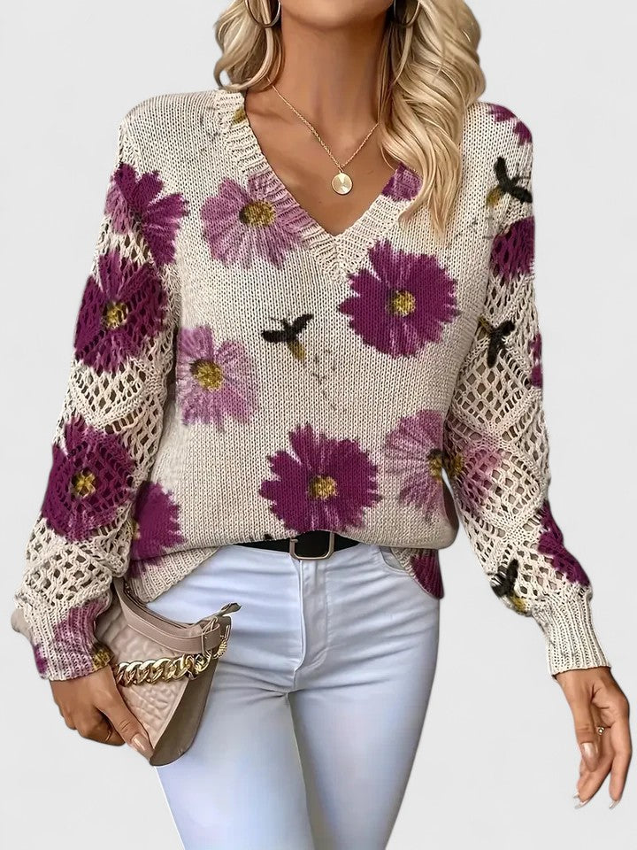 Women's elegant floral knit cardigan, v-neck, long sleeve; perfect for stylish layered looks.