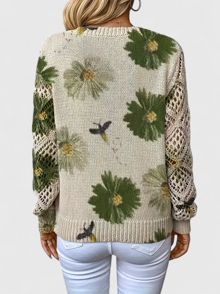 Long sleeve women's floral knit cardigan; adds elegance to casual or layered ensembles.