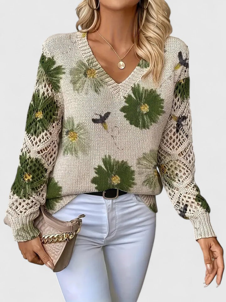 Elegant women's floral knit cardigan; designed for comfortable casual wear and layered styling.