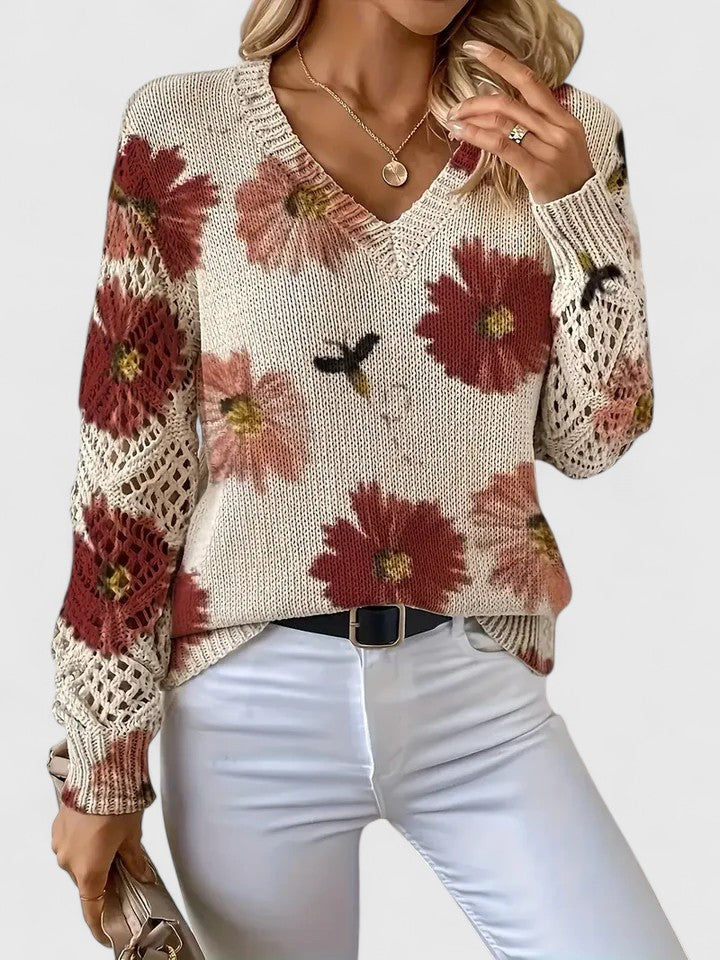 Stylish floral knit cardigan for women, featuring a flattering v-neck and long sleeves.