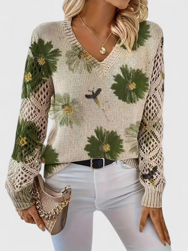 Women's comfortable V-neck floral knit cardigan; ideal for elegant casual outfits.