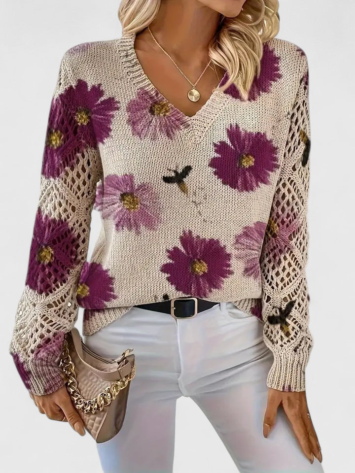 Effortless elegant women's floral knit cardigan, long sleeve; great for fashion layering.