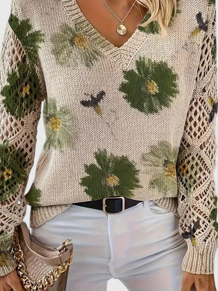 Women's V-neck floral knit cardigan; comfortable and chic for everyday casual looks.