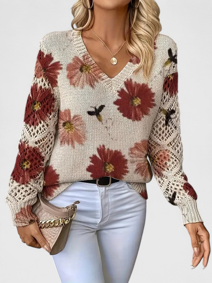 Fashionable women's long sleeve floral knit cardigan; versatile for elegant layered outfits.