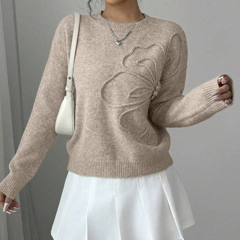 Women's elegant floral knit sweater, long sleeve crew neck pullover, perfect for comfort and casual style.