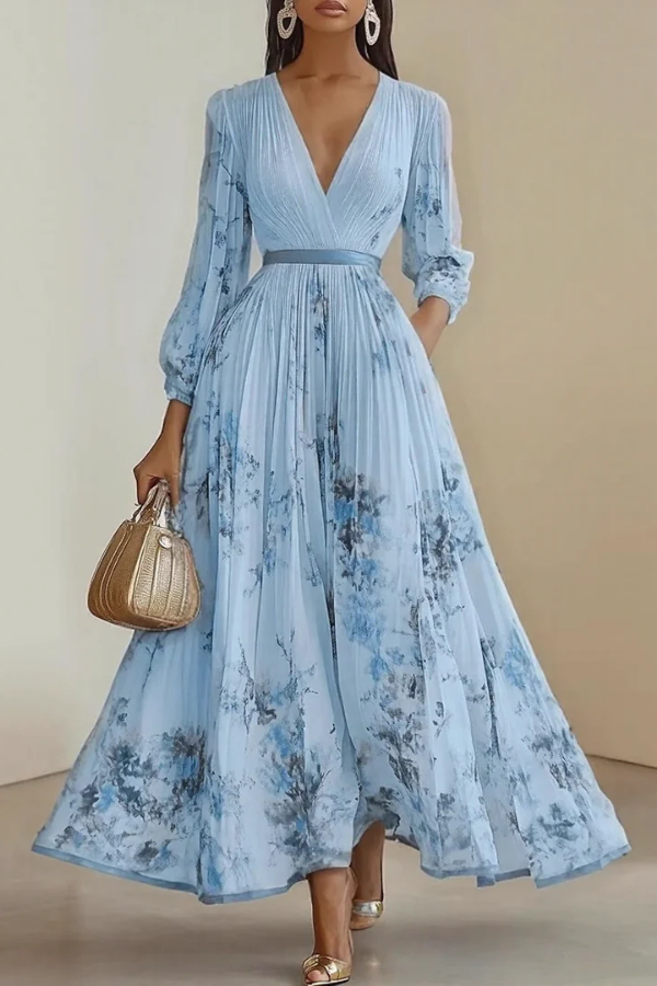 V-neck floral long sleeve women's maxi dress with delicate pleats, ideal for elegant summer events & party wear.