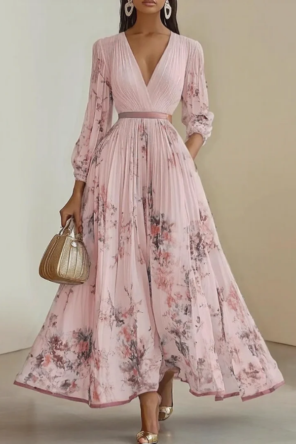 Comfortable V-neck floral long sleeve pleated maxi dress for women, suitable for elegant parties and summer events.
