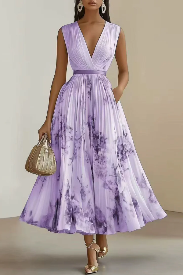 Stylish floral long sleeve maxi dress for women featuring a V-neck and elegant pleats, great for summer parties.