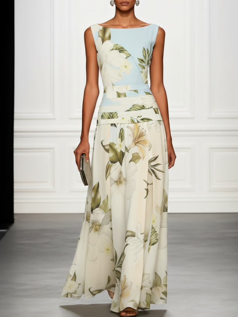 Women's elegant floral maxi dress, boat neck A-line style, ideal for wedding guests & summer parties.