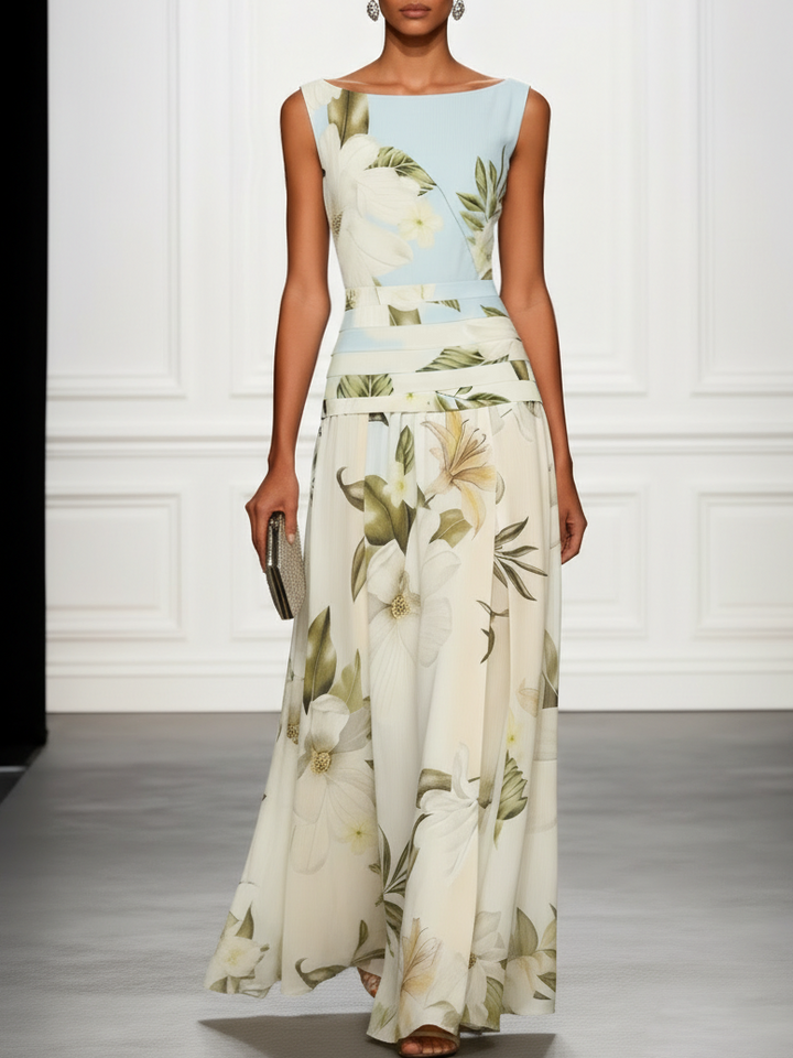 Women's elegant floral maxi dress, boat neck A-line style, ideal for wedding guests & summer parties.